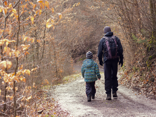 A parent and their kid walking through a forested path during autumn.