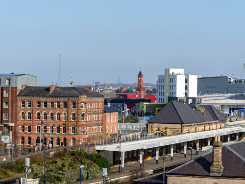 A view of the Dorman Museum in Middlesbrough from afar, as well as the nearby train station