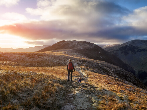Man hiking in the hills with the sunset