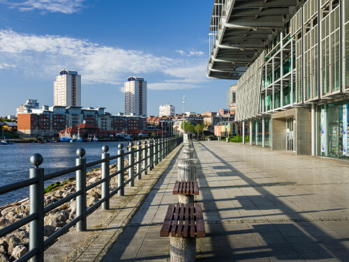 A river and benches outside the National Glass Centre in Sunderland