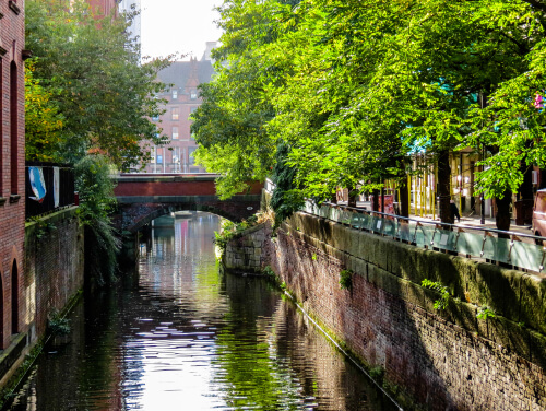 Rochdale Canal in Manchester with a view of the water on a sun