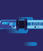 An illustration of a blue-toned Northern train on a dark blue background.